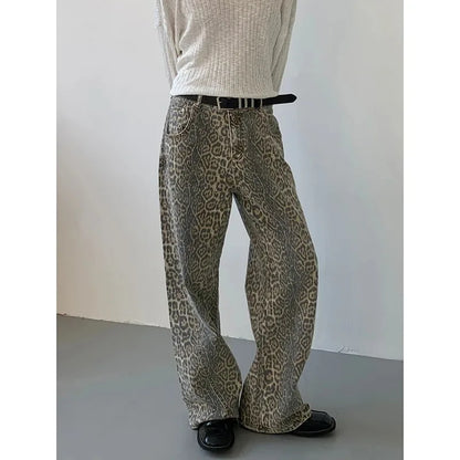Women's Jeans Leopard High Waist Hip Hop Straight Fashion Pants Streetwear Harajuku Y2K Style Female Wide Leg Denim Trousers