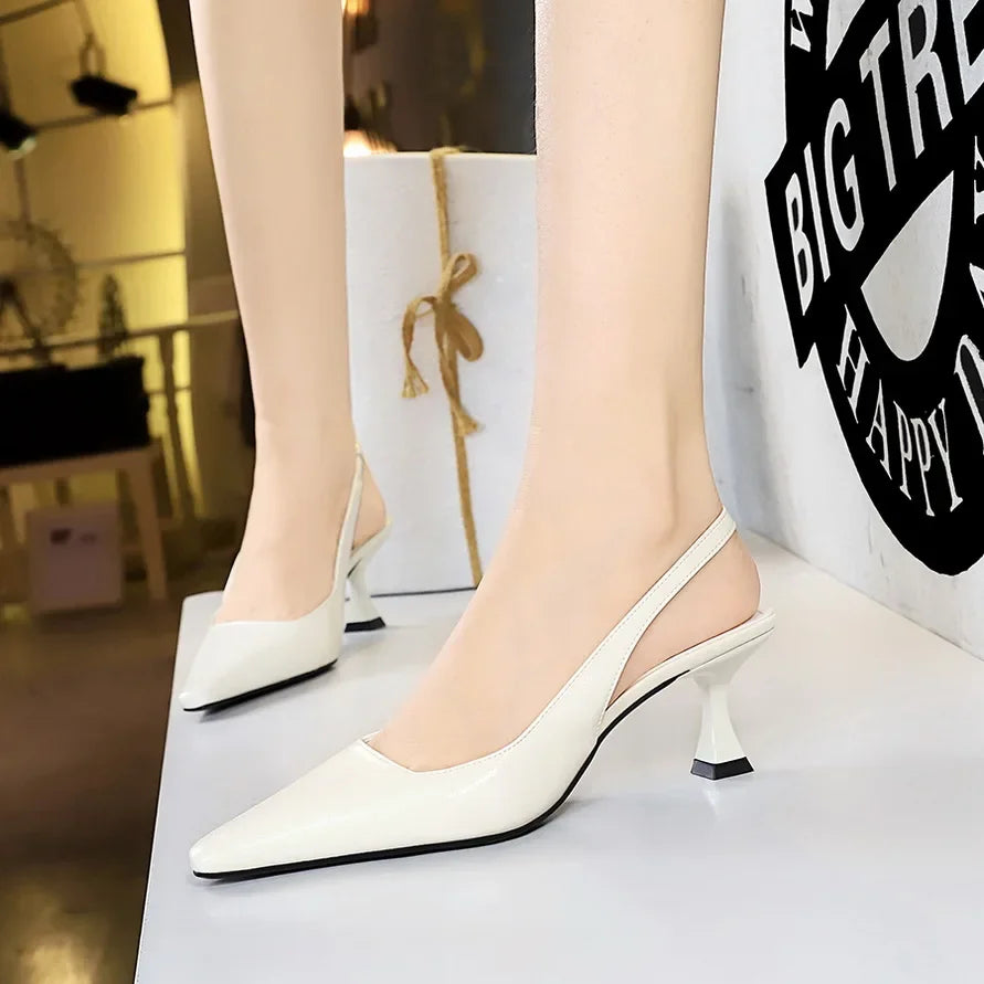Women 6cm High Heels Retro Streetwear Catwalk Sandles Lady Daily Work Slingback Strap Elastic Mid Heels Glossy Leather Sandals