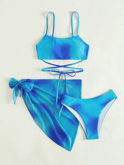 3 Pieces Ombre Lace Up Bikini Swimsuit & Beach Skirt Sexy Swimwear Women 2025 Bathing Swimming Swim Suit Female Summer Beachwear