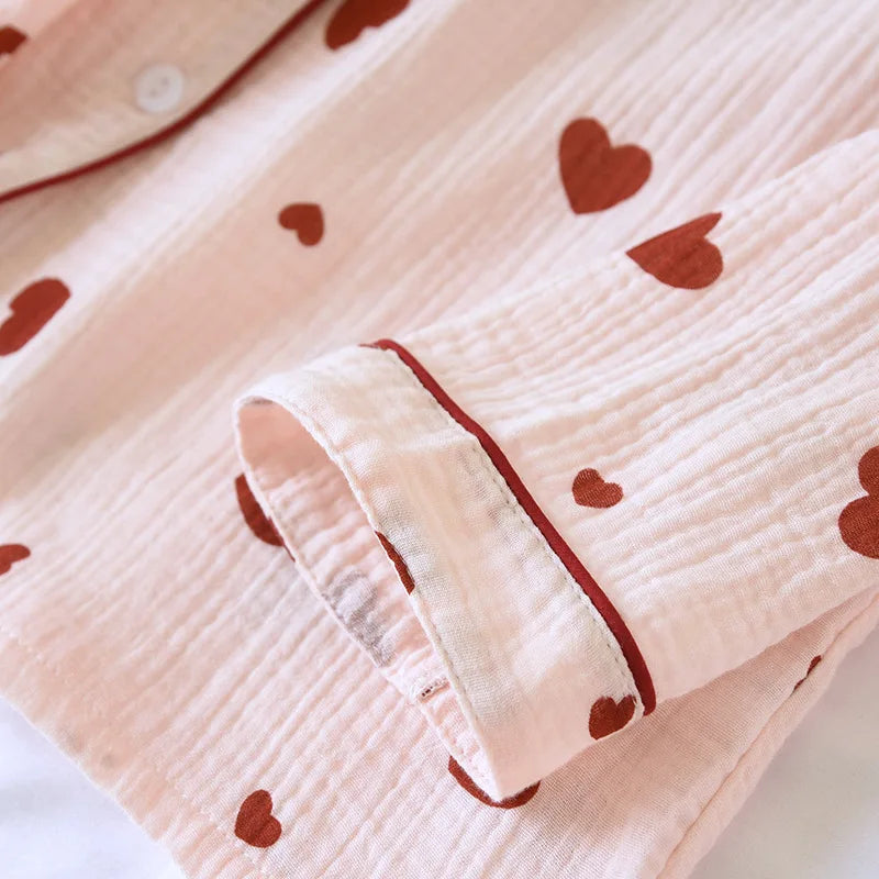 2025 New Spring and Autumn Women's Pajama Set 100% Cotton Crepe Long Sleeve Long Pants Two Piece Set Love Sweet Home Clothes