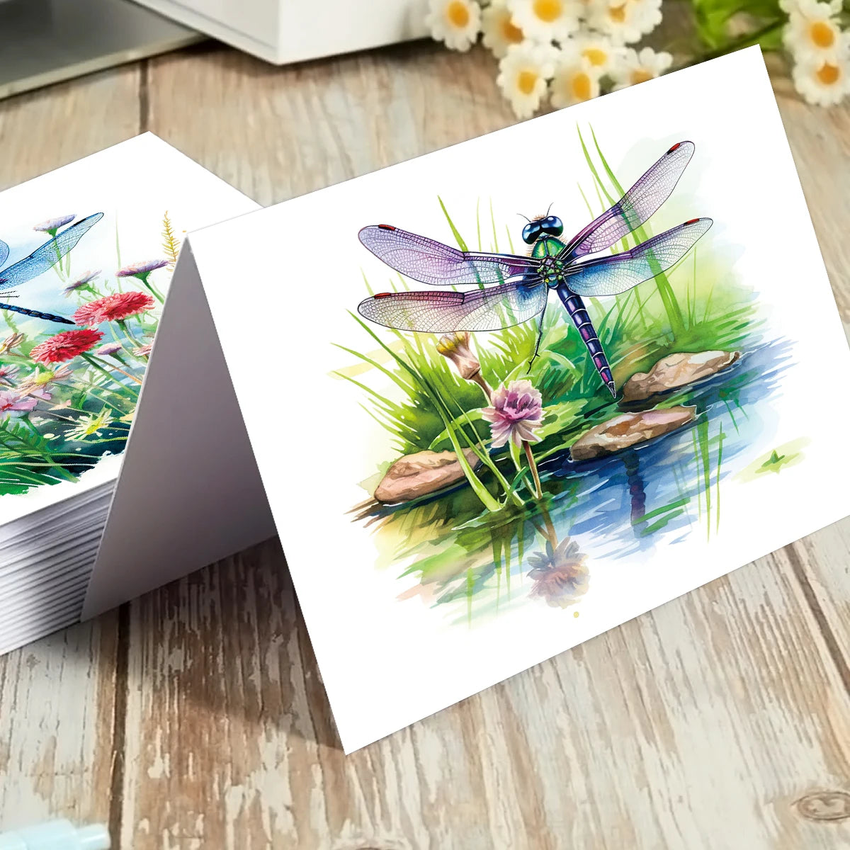 12pcs Watercolor Esign Dragonfly Flower Greeting Cards With Envelopes For Thank You Gifts, Birthday Congratulation, Wedding Wish
