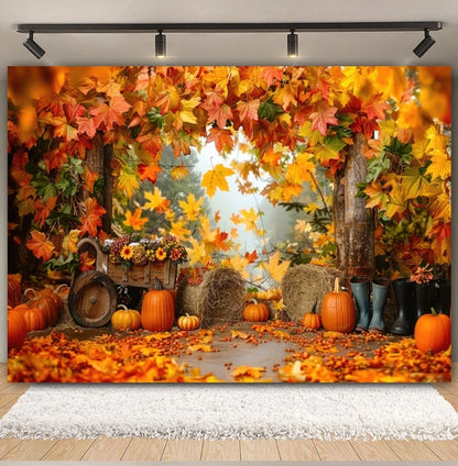 Autumn Backdrop Maple Pumpkin Maple Leaves Forest Haystack Harvest Thanksgiving Baby Portrait Photography Background Photobooth