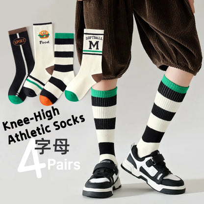 4 Pairs Children's Long Socks Boys Geometric Tennis Socks Soccer Socks Autumn Winter Teenager Basketball Socks Knee Sock