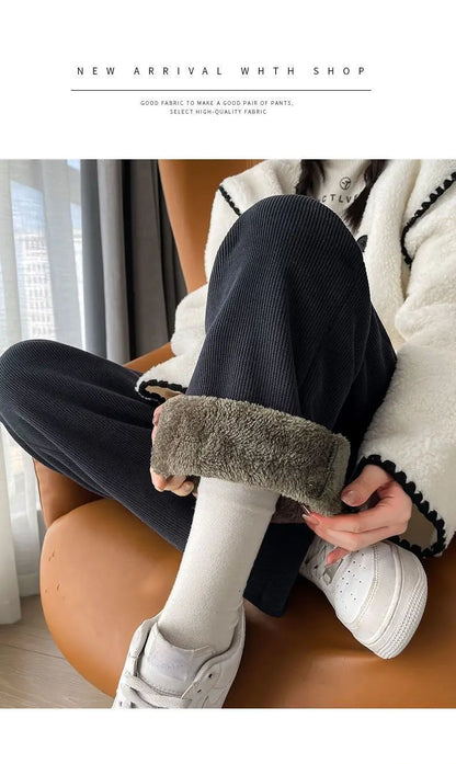 Autumn Winter Pants Women Thickened Lamb Fleece Wide Leg Pant Plus Velvet Women's Fashion Loose Pants Cashmere Casual Trousers