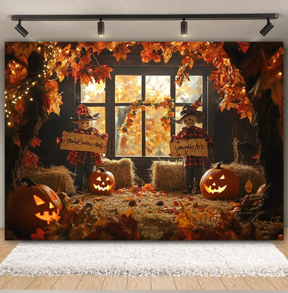 Autumn Backdrop Maple Pumpkin Maple Leaves Forest Haystack Harvest Thanksgiving Baby Portrait Photography Background Photobooth