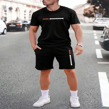 2025 urban street fashion trend men's round neck short sleeved set, outdoor simple round neck top, casual and comfortable shorts