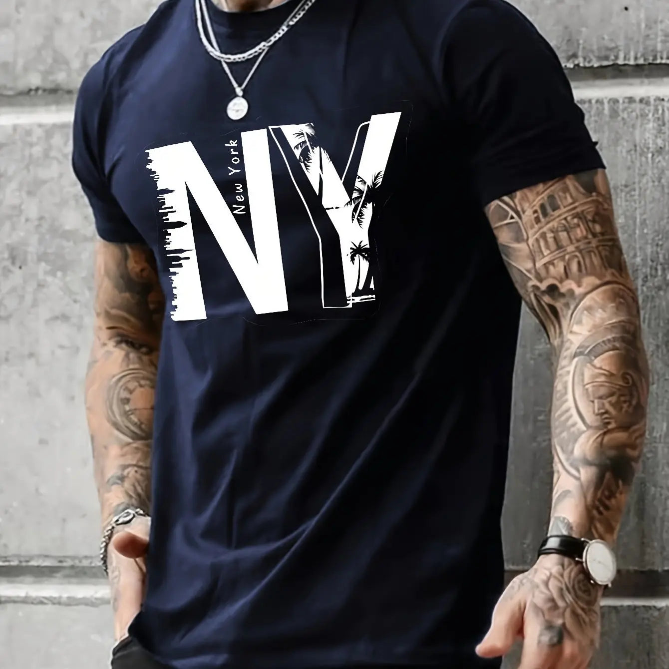 Summer men's 100% pure cotton casual loose plus size NY letter printed sports comfortable round neck short sleeved T-shirt top