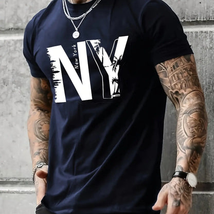 Summer men's 100% pure cotton casual loose plus size NY letter printed sports comfortable round neck short sleeved T-shirt top