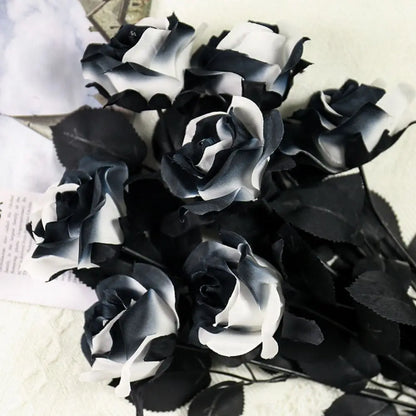 Black White Halloween Artificial Rose Flowers Soft Silk Real Touch Faux Flowers Non-Fading Gothic Simulation Flowers