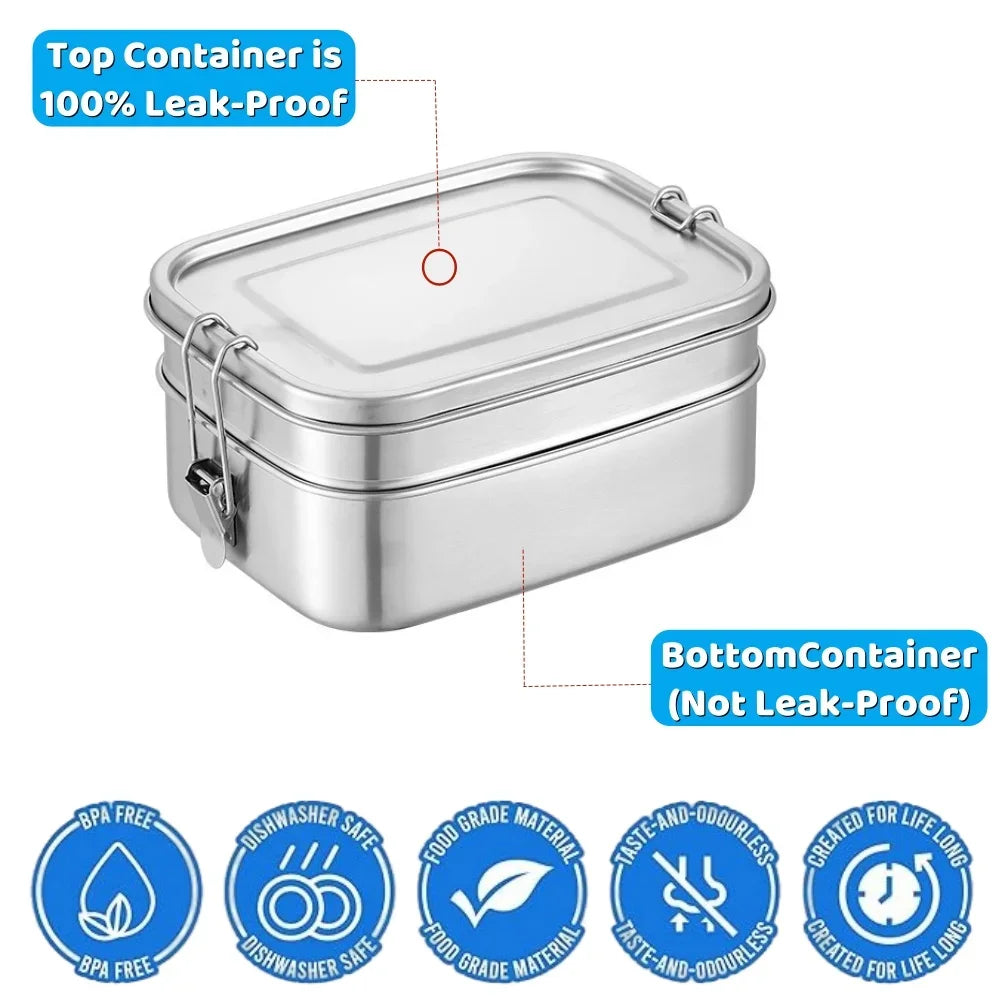 2 Layer Stackable Bento Lunch Box for Kids & Adults, 1400ml Stainless Steel Food Storage Container for School, Work & Travel