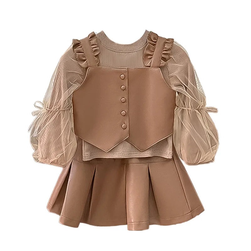 2024New Girls' Autumn Western Style Little Girls' Leather Two-Piece Suit Fashionable Children's Bottoming Shirt Trendy