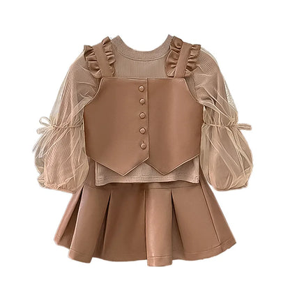 2024New Girls' Autumn Western Style Little Girls' Leather Two-Piece Suit Fashionable Children's Bottoming Shirt Trendy