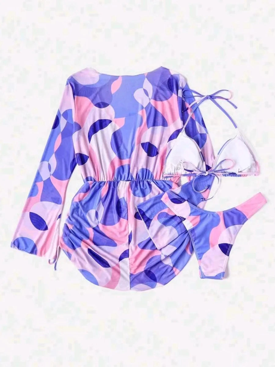 3 Pieces Triangle Halter String Bikini Long Sleeve Swimsuit Women Swimwear Female Bathers Bathing Swimming Swim Suit