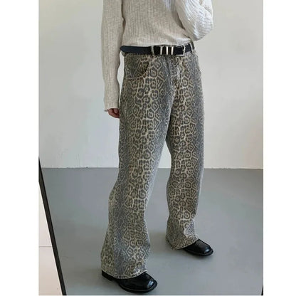 Women's Jeans Leopard High Waist Hip Hop Straight Fashion Pants Streetwear Harajuku Y2K Style Female Wide Leg Denim Trousers