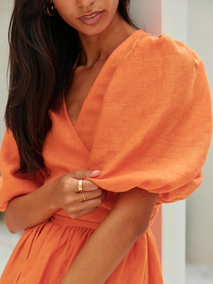 Bornladies 100% Cotton V-neck Waist Cinched Dress Unique Lantern Sleeve Sexy Slit Long Skirt Fashionable Women's Casual Dresses