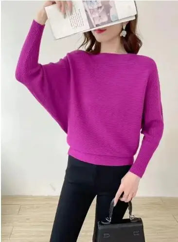 19 Colors Women Knitted Long Batwing Sleeves Loose Sweater Autumn Outstreet High Stretch Knitwear Wide Collar Pullover Knits