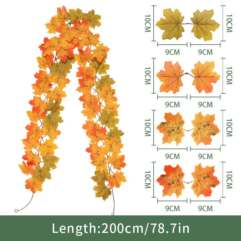 2M Artificial Maple Leaf Garland Thanksgiving Christmas Hanging Wall Decor Fake Fallen Leaves Autumn Decor Rattan Wedding Props