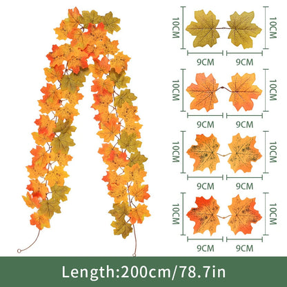 2M Artificial Maple Leaf Garland Thanksgiving Christmas Hanging Wall Decor Fake Fallen Leaves Autumn Decor Rattan Wedding Props