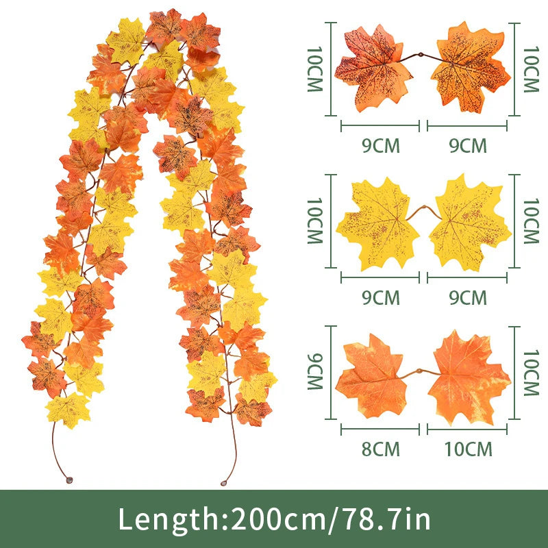 2M Artificial Maple Leaf Garland Thanksgiving Christmas Hanging Wall Decor Fake Fallen Leaves Autumn Decor Rattan Wedding Props