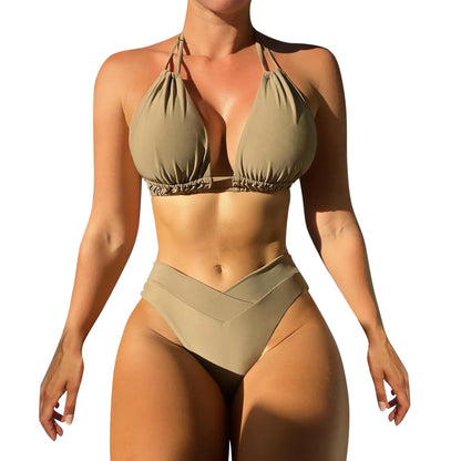 Bathing Suit Tank Bikinis Sets Swimwear 2023 Women Mid Waist Deep V Neck Wide Straps Bikini Summer Beach Wear Swimming купальник