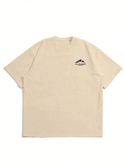 Summer men's 100% pure cotton casual loose plus size Letter And Mountain pattern printed round neck short sleeved T-shirt top