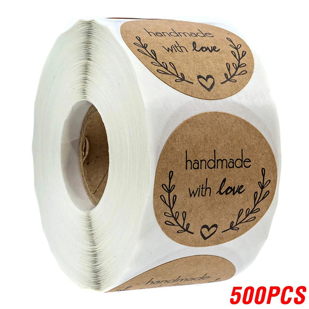 100-500pcs 1inch Vintage Kraft Paper Handmade With Love Stickers for Package Thank You Stationery Adhesive Labels Baking Seals