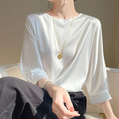 2025 New In Summer Satin Silk Half-Sleeve Tee Tops Basic Solid Women‘s T-Shirt Casual O-neck Thin Shirts Ladies Loose Blouses