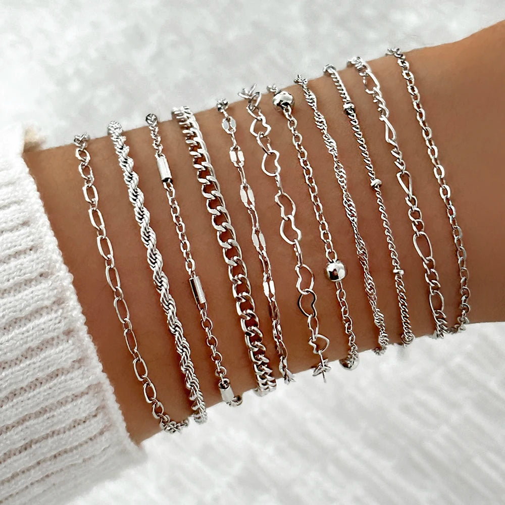 11pcs/Set Stylish Simple Punk Style Heart Beaded Splicing Hollow Chain Bracelet Set Suitable For Women's Daily Wear Gift Giving