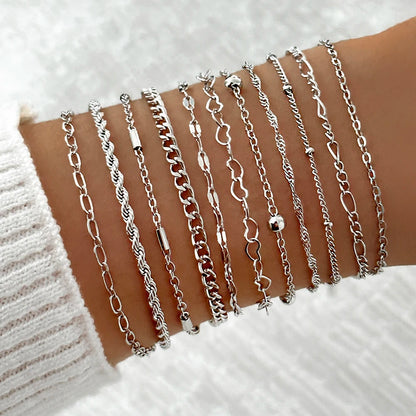 11pcs/Set Stylish Simple Punk Style Heart Beaded Splicing Hollow Chain Bracelet Set Suitable For Women's Daily Wear Gift Giving