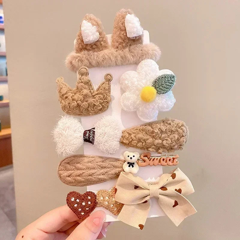 Autumn Winter 8Pcs Kids Hairclip Cartoon Bear Cute Bowknot Baby Princess Hair Accessories Newborn Cream Color Hairclips For Girl