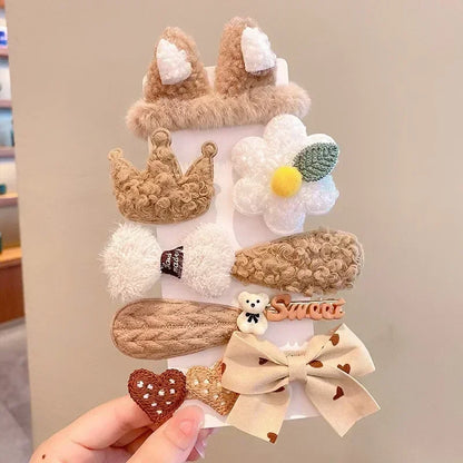 Autumn Winter 8Pcs Kids Hairclip Cartoon Bear Cute Bowknot Baby Princess Hair Accessories Newborn Cream Color Hairclips For Girl