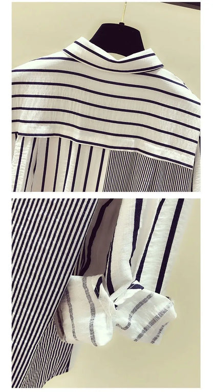 2025 Korean Summer Thin Trendy Striped Women's Shirt & Blouses Patchwork Pocket Loose Casual Office Lady Shirt Sweet Women's Top