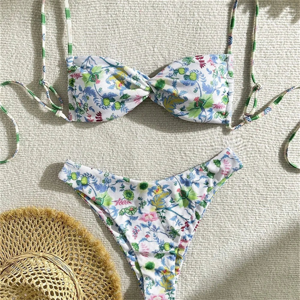 Vintage Floral Bikini Swimwear Y2K Sling Swimsuit String Backless Beach Outfits Bathing Suits Women Biquinis Femininos Sexys Set