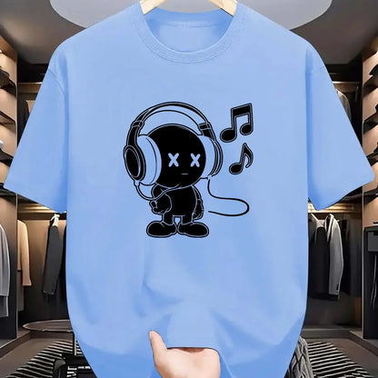 Summer men's 100% cotton casual loose fit plus size music themed printed comfortable sports round neck short sleeved T-shirt top