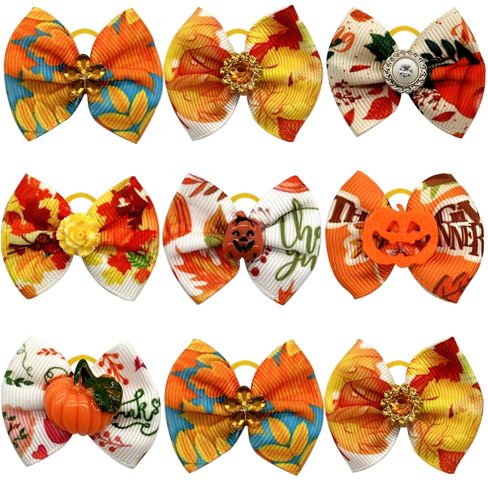50/100pcs Thanksgiving Autumn Dog Hair Bows with Diomand Dog Accessories Hoilday Bowkont with Rubber Band for Small Dog Supplies