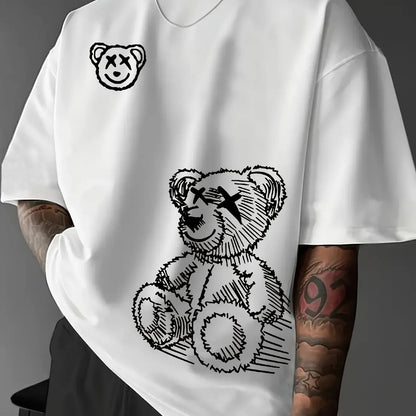 Summer men's 100% pure cotton casual sports loose and fashionable cartoon bear pattern printed round neck short sleeved T-shirt
