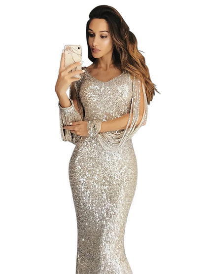 Women's European and American Long Dress Evening Dress Long Sleeve Tassel Dinner Dress