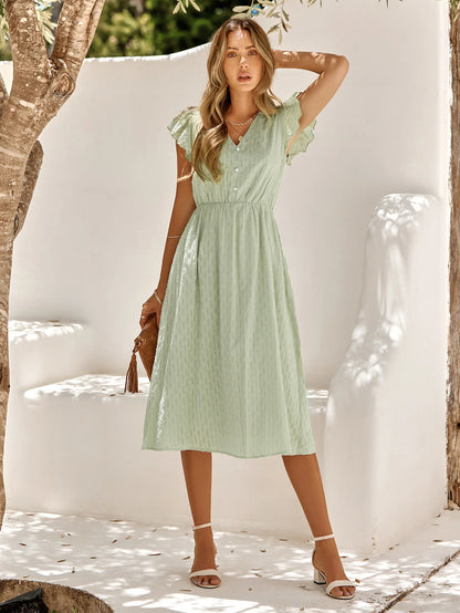 2025 New Summer Dress Women Casual Solid V-neck High Waist Fresh Wind Midi Dresses For Women Elegant Boho White Dress Vestidos
