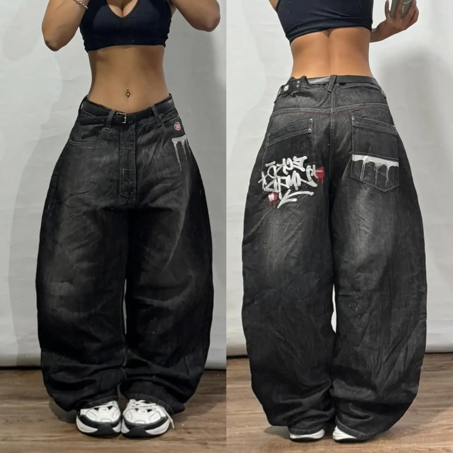 Street wear SOUTHPOLE women's jeans Y2K new Harajuku hip-hop black pants washed and ground white baggy jeans Gothic wide pants