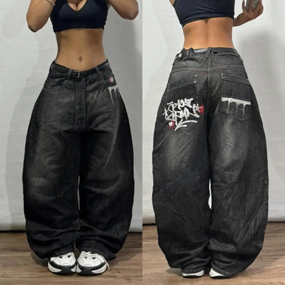 Street wear SOUTHPOLE women's jeans Y2K new Harajuku hip-hop black pants washed and ground white baggy jeans Gothic wide pants