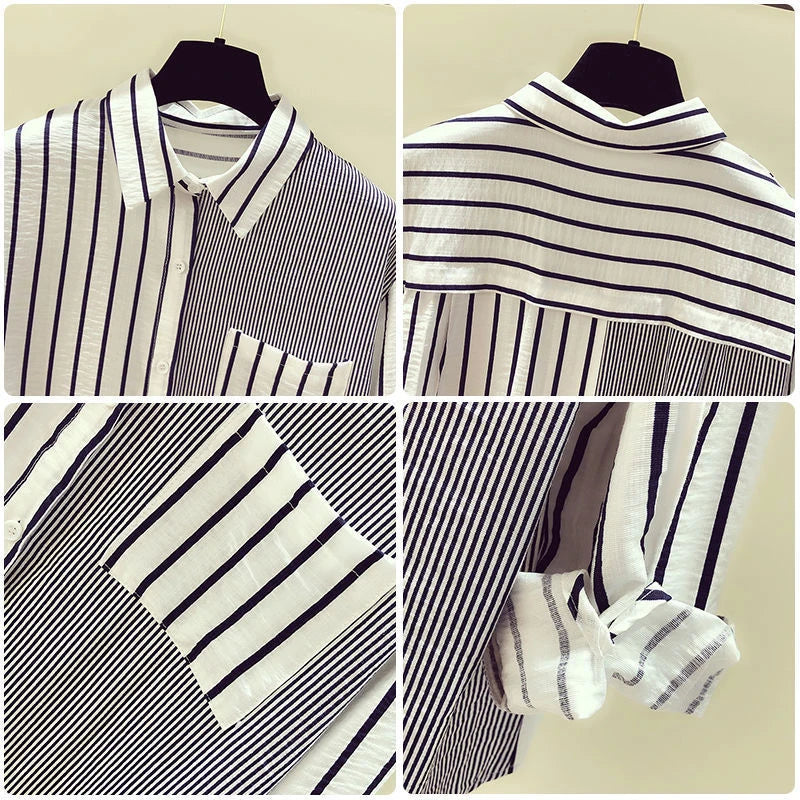 2025 Korean Summer Thin Trendy Striped Women's Shirt & Blouses Patchwork Pocket Loose Casual Office Lady Shirt Sweet Women's Top
