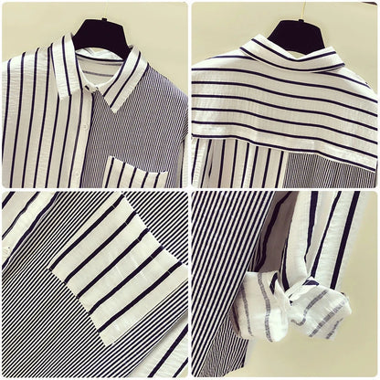 2025 Korean Summer Thin Trendy Striped Women's Shirt & Blouses Patchwork Pocket Loose Casual Office Lady Shirt Sweet Women's Top