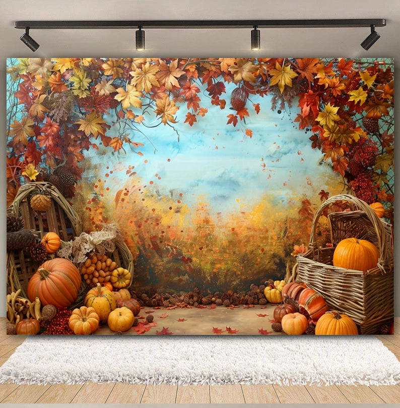 Autumn Backdrop Maple Pumpkin Maple Leaves Forest Haystack Harvest Thanksgiving Baby Portrait Photography Background Photobooth