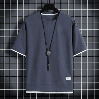 1pcs Men Summer T-Shirt Man Short Sleeved Waffle Solid T-Shirt Male Solid Color Casual Tee Round Men's Round Neck Fashion Top