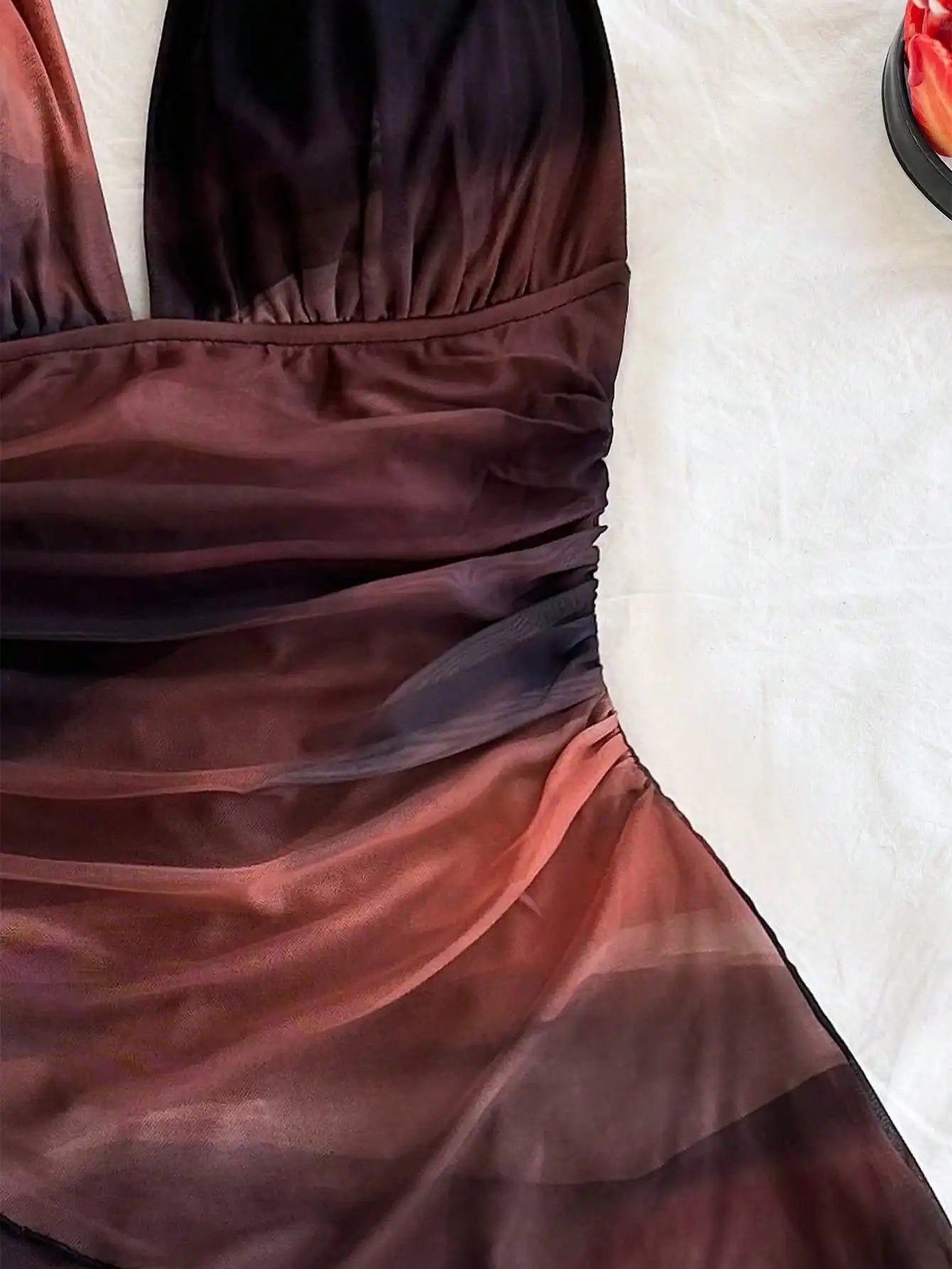 2025 Europe and the United States Fashion Gauze Printed Neck Sleeveless Sexy Tight Deep V Short Sexy Pure Backless Dress