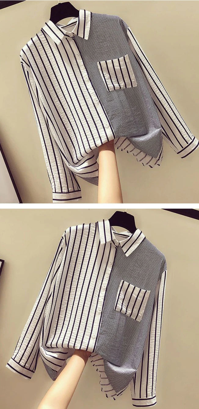 2025 Korean Summer Thin Trendy Striped Women's Shirt & Blouses Patchwork Pocket Loose Casual Office Lady Shirt Sweet Women's Top