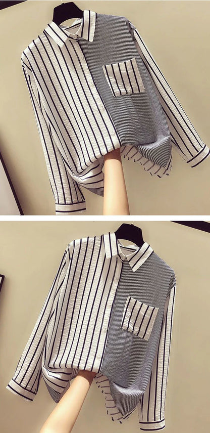 2025 Korean Summer Thin Trendy Striped Women's Shirt & Blouses Patchwork Pocket Loose Casual Office Lady Shirt Sweet Women's Top
