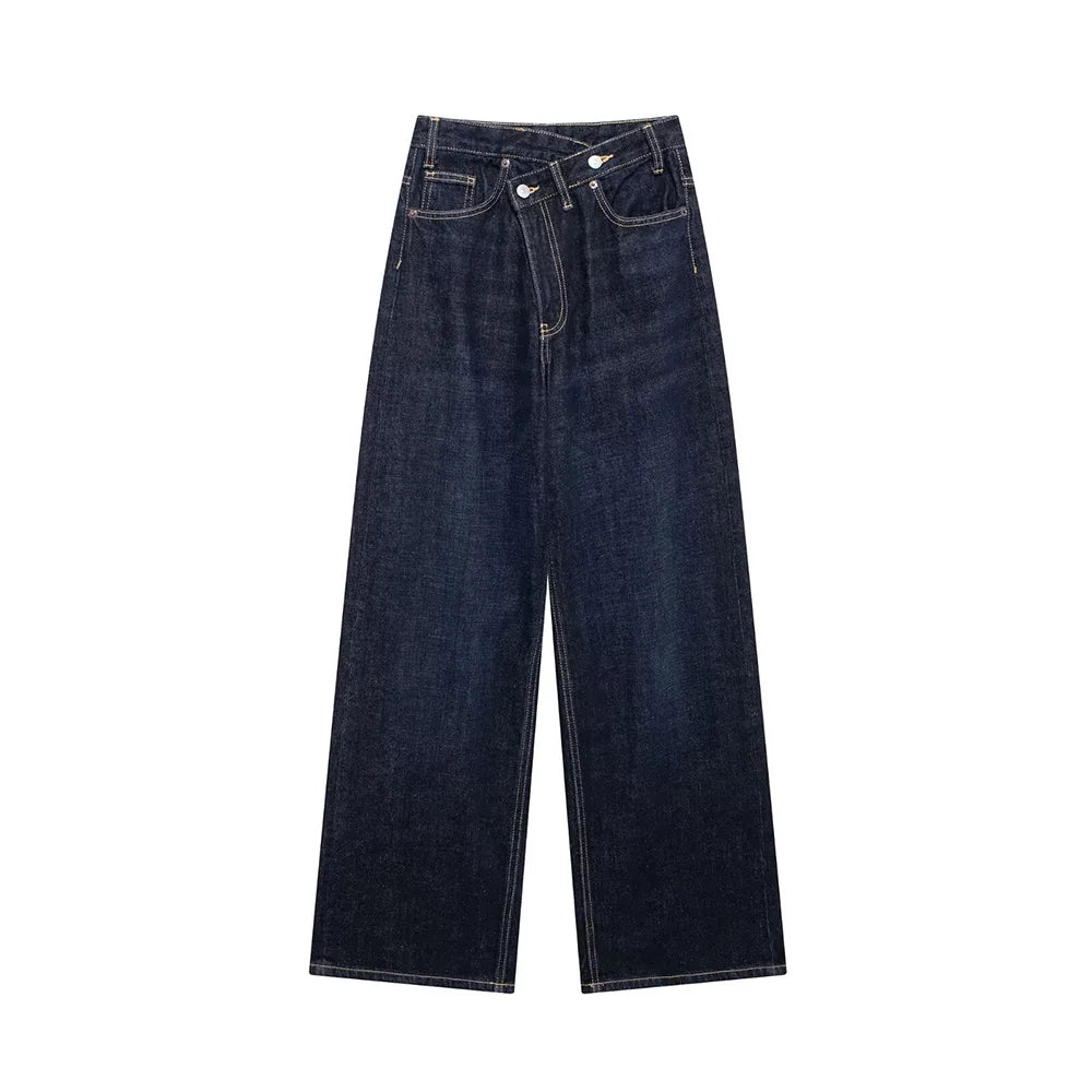 TRAF Women's Basic Hundred Jeans New Fashion Asymmetric Design High Waist Wide Leg Trousers Casual Women's Straight Leg Jeans
