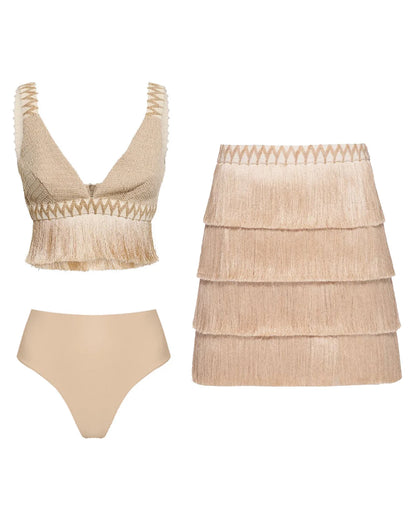 2025 V Neck Fringe Trim Bikini Swimsuit High Waist Swimwear with Skirt for Women Halter Bathing Suits Print Summer Female