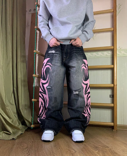 Y2K Graffiti Gothic Jeans Loose Punk Print Jeans Retro Street Street Hip Hop  Straight  Pants  High Street Harajuku Couple Pants